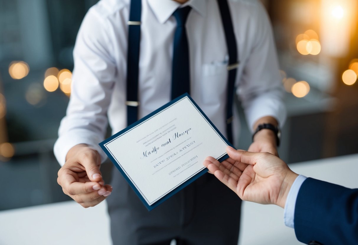 A person handing a wedding invitation to their manager with a smile