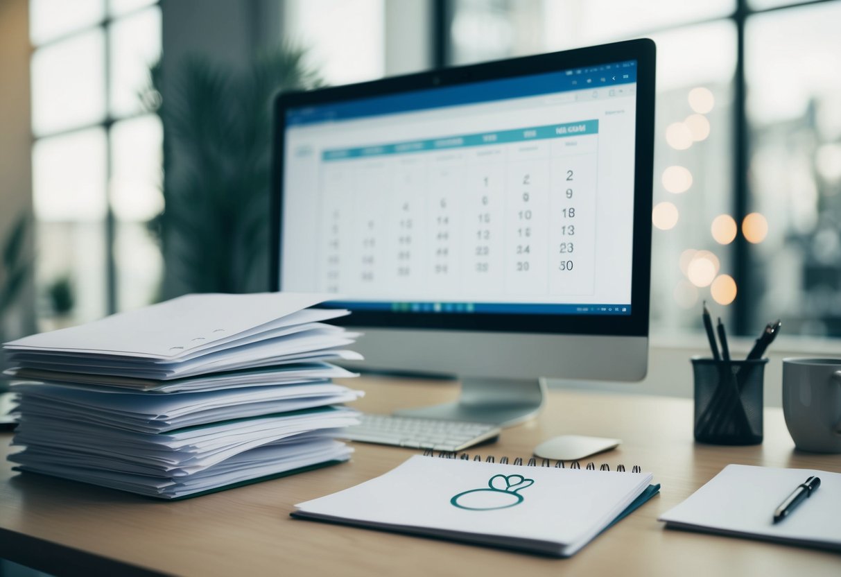 A desk with a neatly organized stack of papers, a computer screen displaying a calendar, and a note with a wedding ring drawn on it