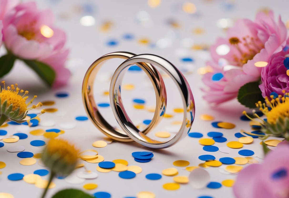 A joyful celebration with two rings intertwined, surrounded by blooming flowers and confetti