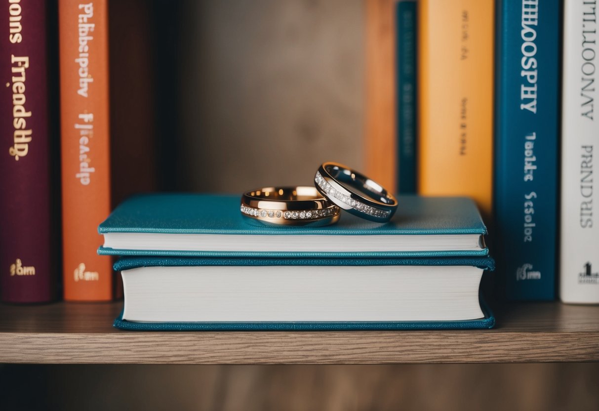 Two wedding rings intertwined on a bookshelf, surrounded by books on philosophy and friendship