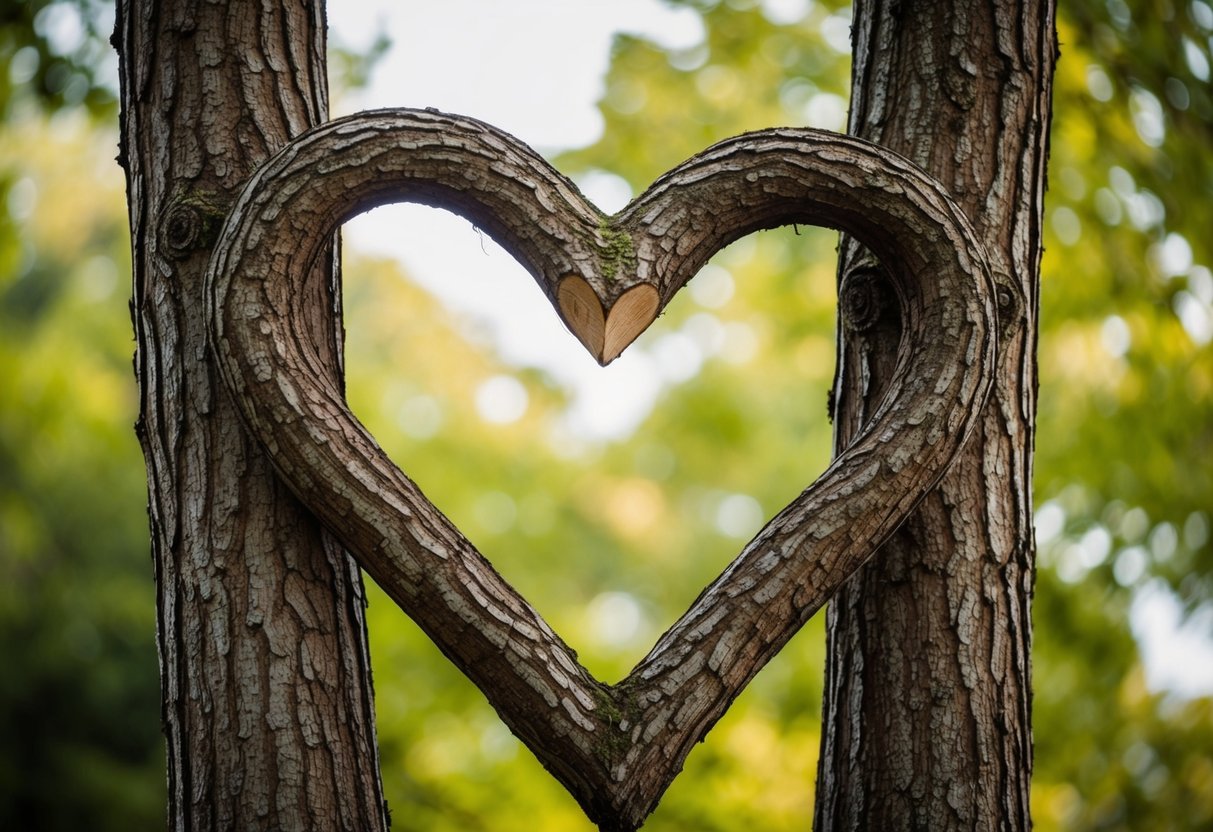 Two intertwined trees with a heart-shaped opening at the center