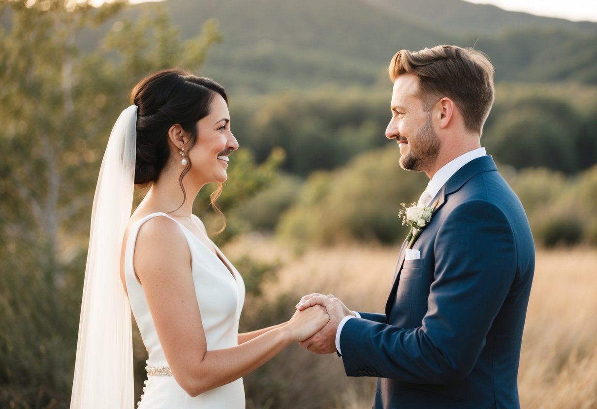 A couple standing before a natural backdrop, facing each other with hands clasped, exchanging vows