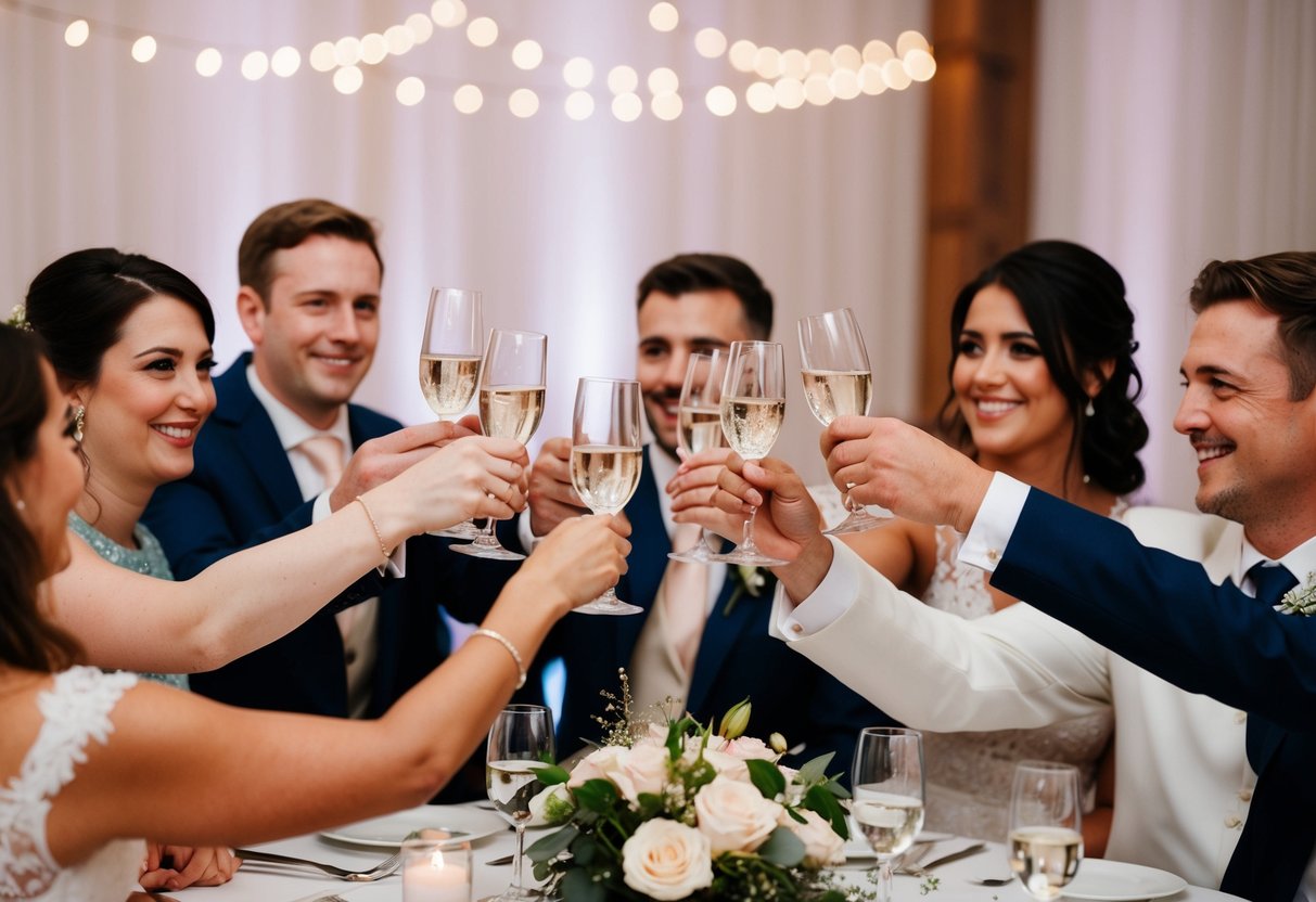 A group of people raising their glasses in a toast at a wedding reception