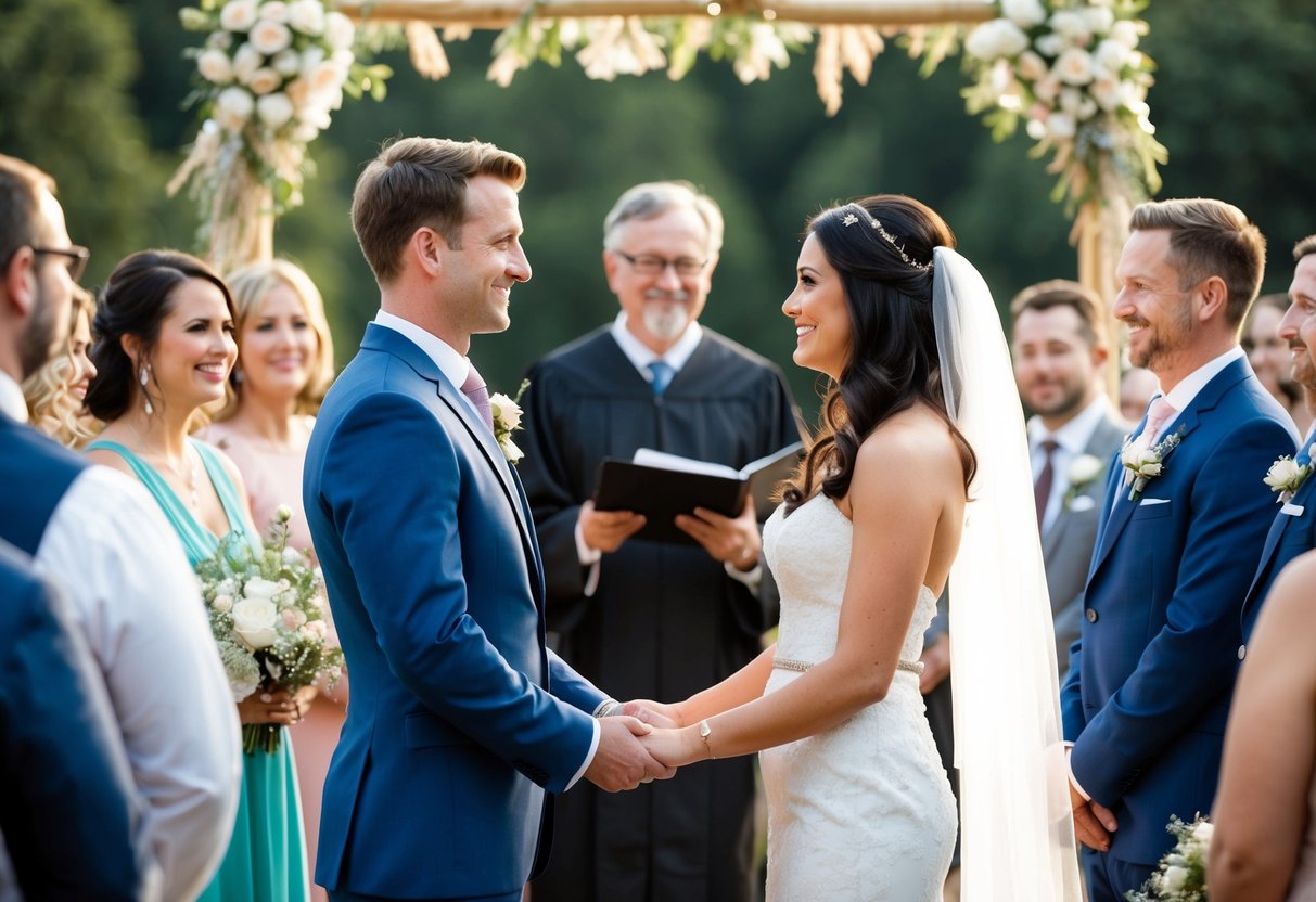 A couple standing before a crowd, facing each other, with a celebrant officiating the marriage ceremony