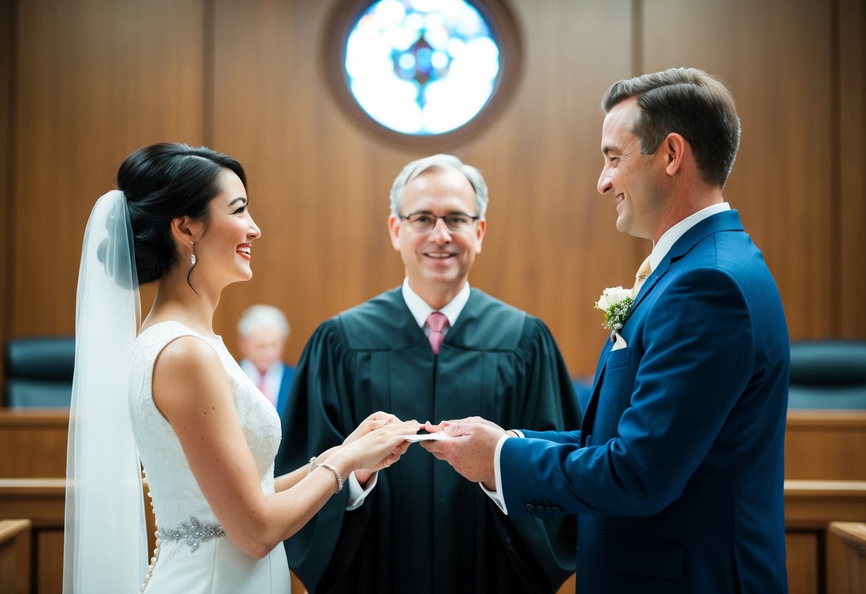 A couple standing before a judge, exchanging marriage vows in a courtroom