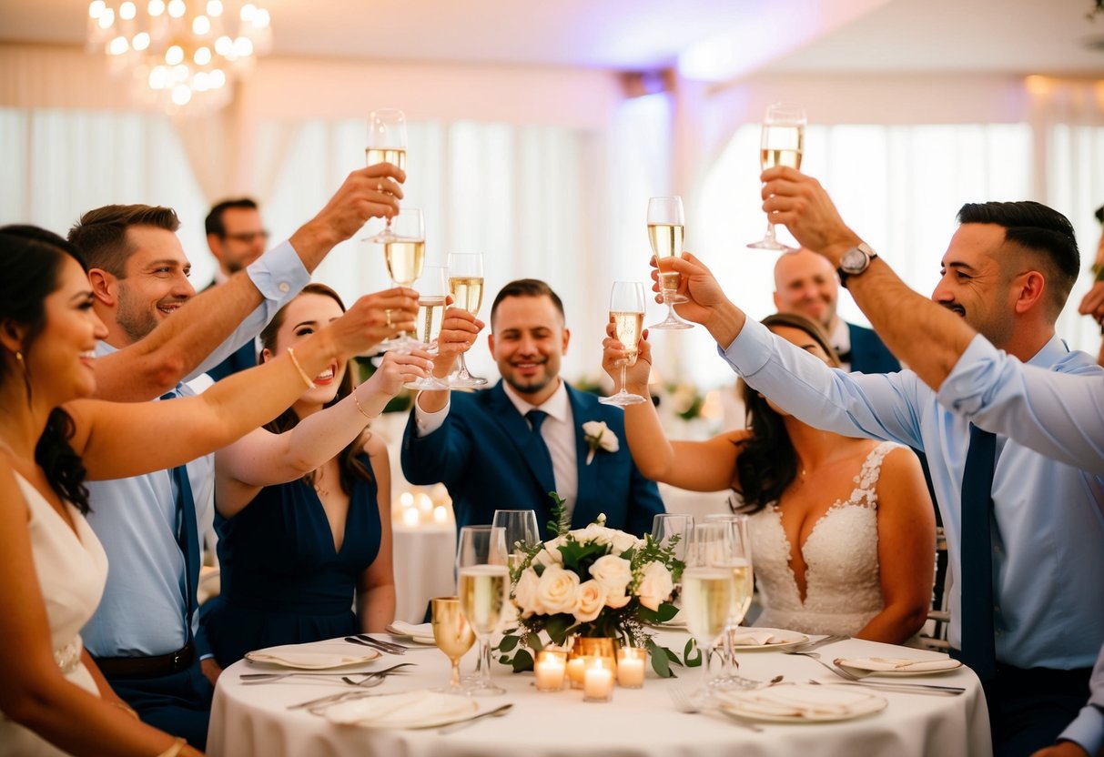 A group of people raising their glasses in celebration at a wedding reception