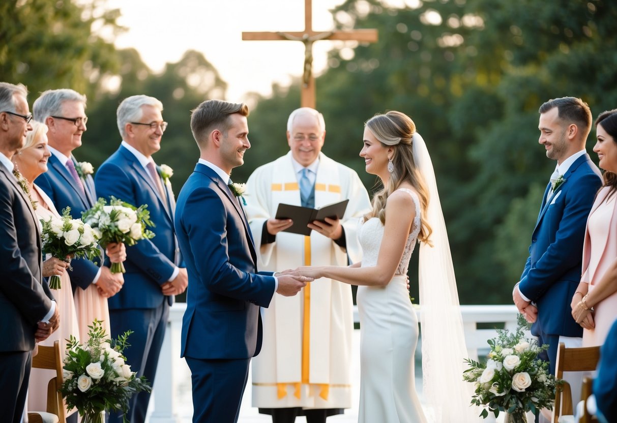 A couple standing at the altar, surrounded by family and friends, exchanging personalized wedding vows