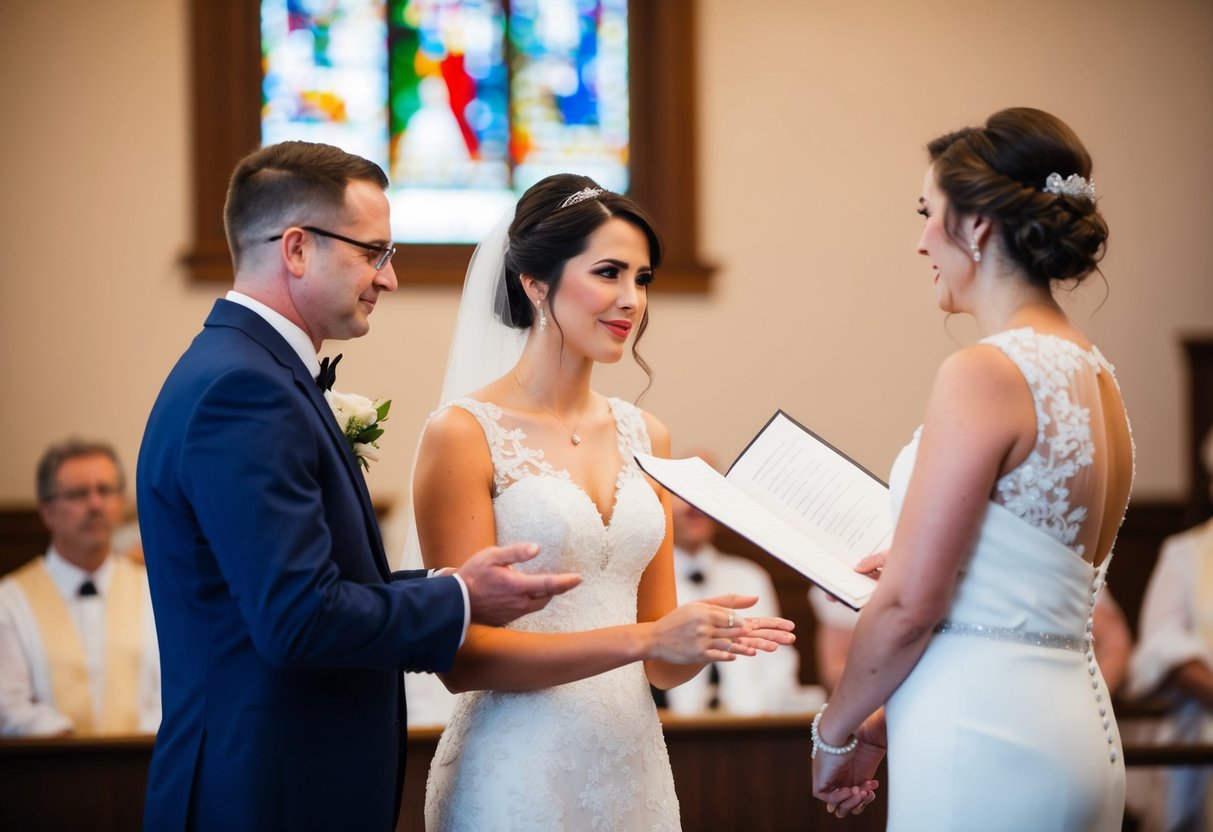 A bride standing in front of a minister, shaking her head to indicate she does not want to include the word "obey" in her wedding vows