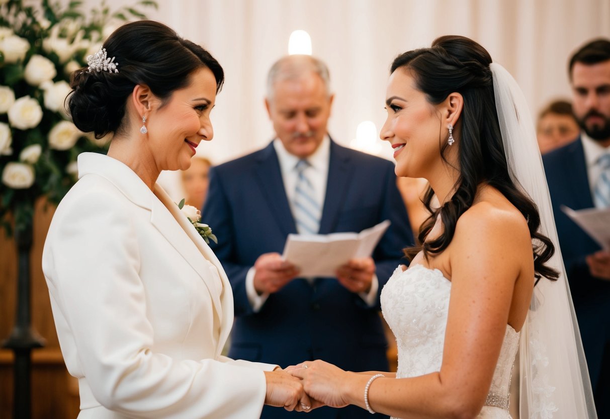 A woman standing at the altar, confidently removing the word "obey" from her wedding vows