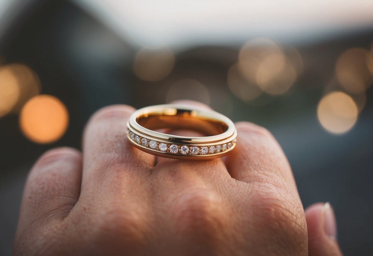 A gold ring on a finger, a wedding band