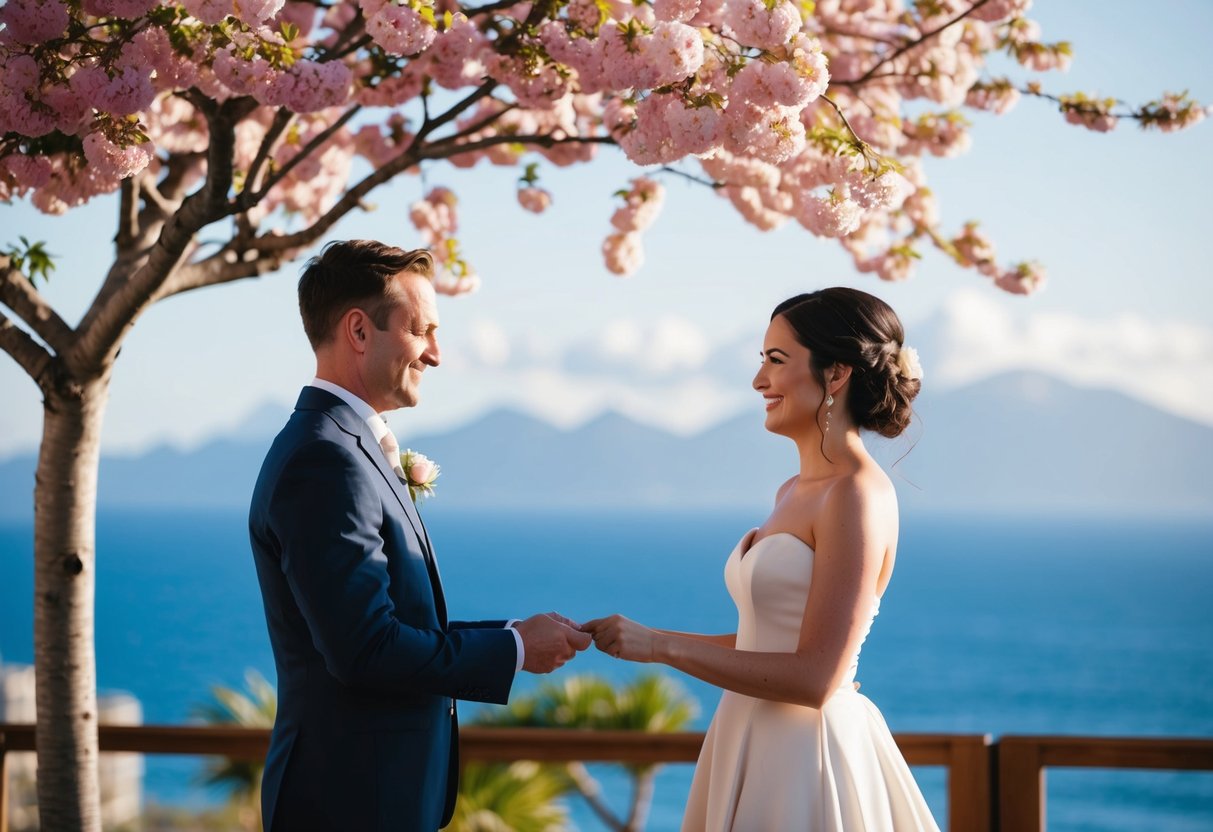 A couple standing under a blooming tree, exchanging vows with a view of the ocean and mountains in the background