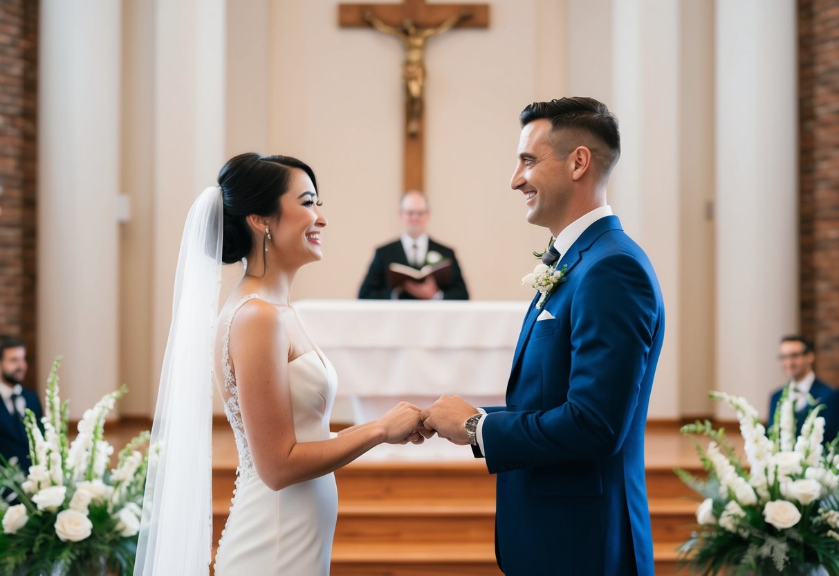 A couple standing at an altar, exchanging vows with a serene and joyful expression on their faces