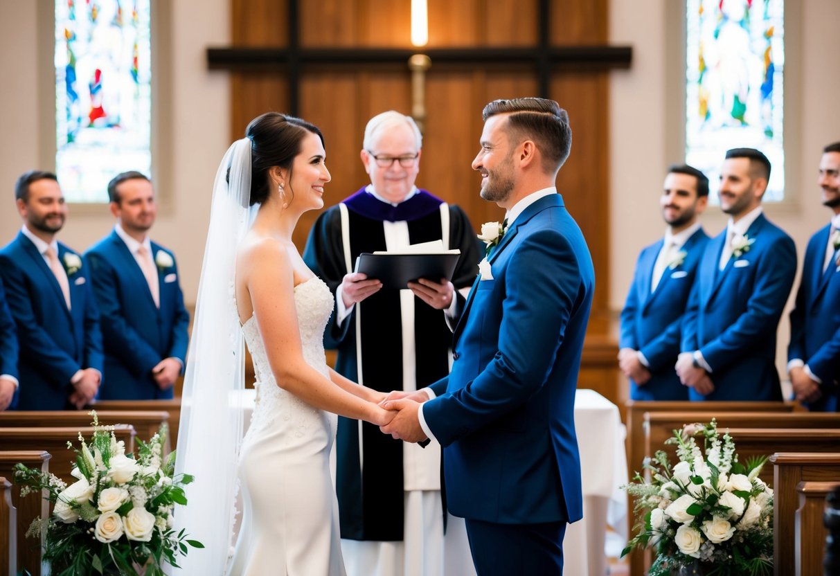 A bride and groom standing at the altar with a celebrant officiating the wedding ceremony