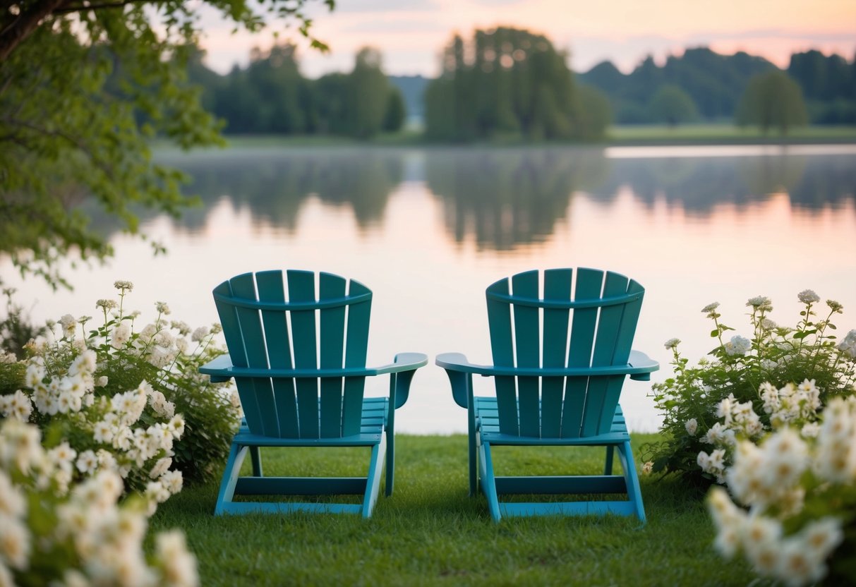 A serene outdoor setting with two chairs facing each other, surrounded by blooming flowers and a tranquil landscape