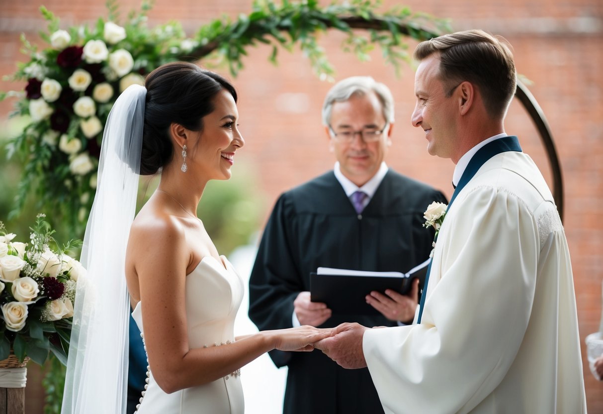 A couple standing before an officiant, exchanging vows in a traditional wedding ceremony setting