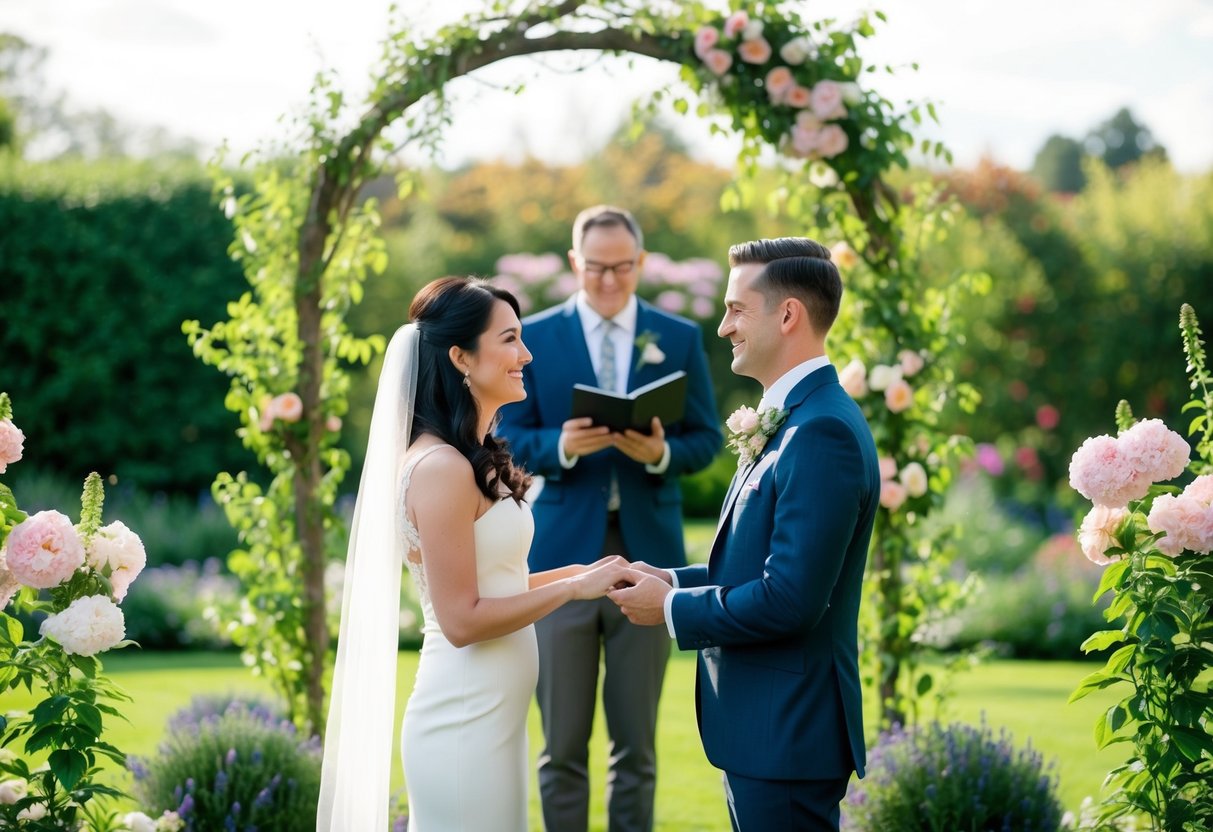 A couple standing in a beautiful garden, surrounded by blooming flowers and lush greenery, exchanging heartfelt non-religious wedding vows