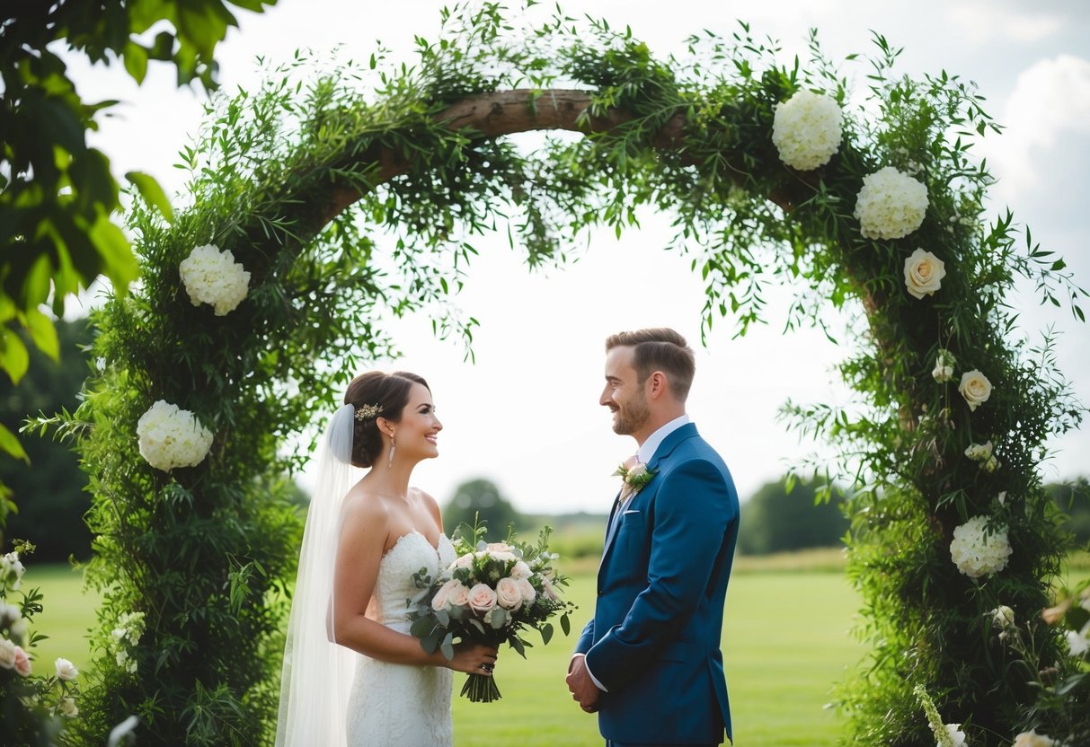A groom standing under a rustic wedding arch, surrounded by lush greenery and flowers, gazing lovingly at his bride