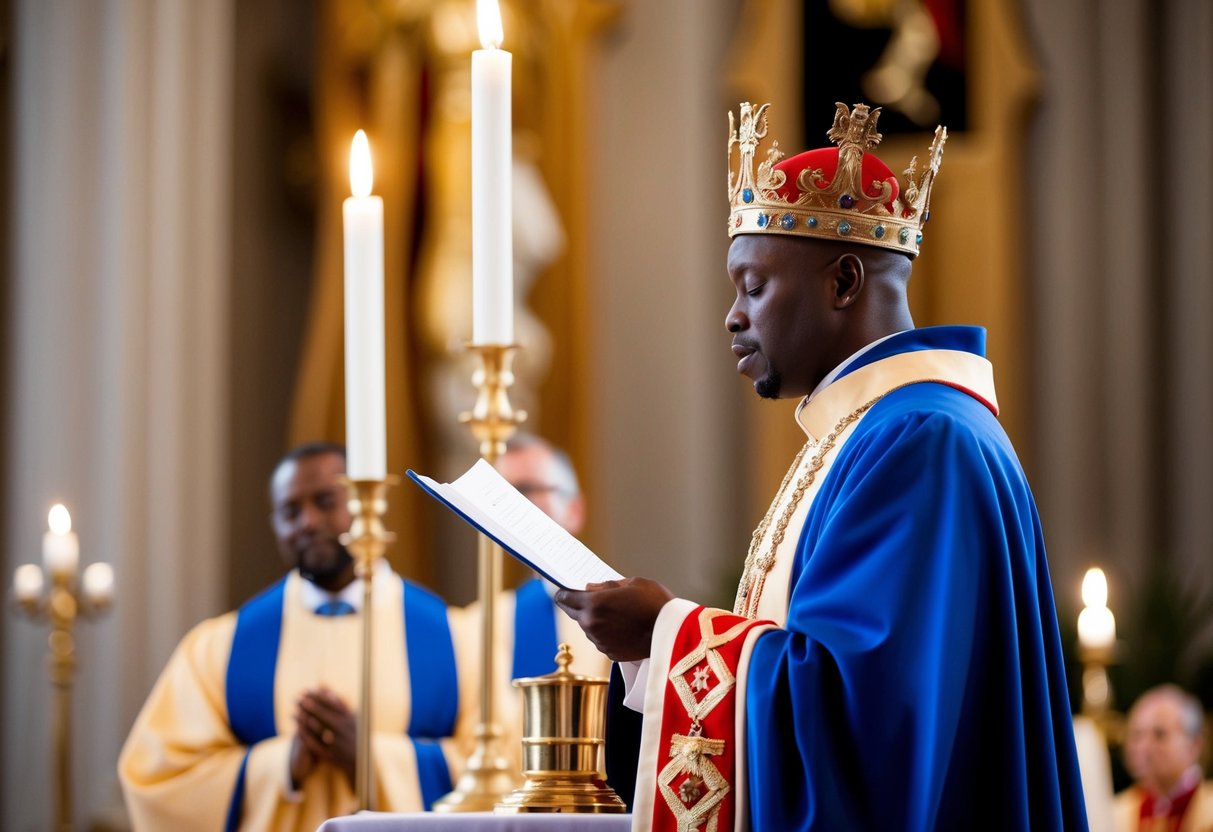 A royal figure standing at an altar, reciting vows with a confident and empowered demeanor