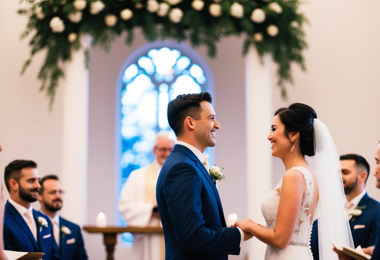A groom standing at the altar, facing his bride, with a serene and joyful expression on his face as he recites his classic and traditional wedding vows
