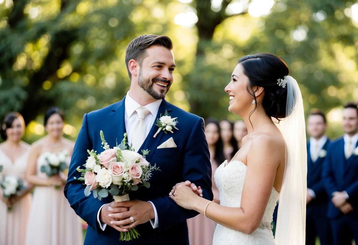 A groom holding a bouquet of flowers, smiling at his bride