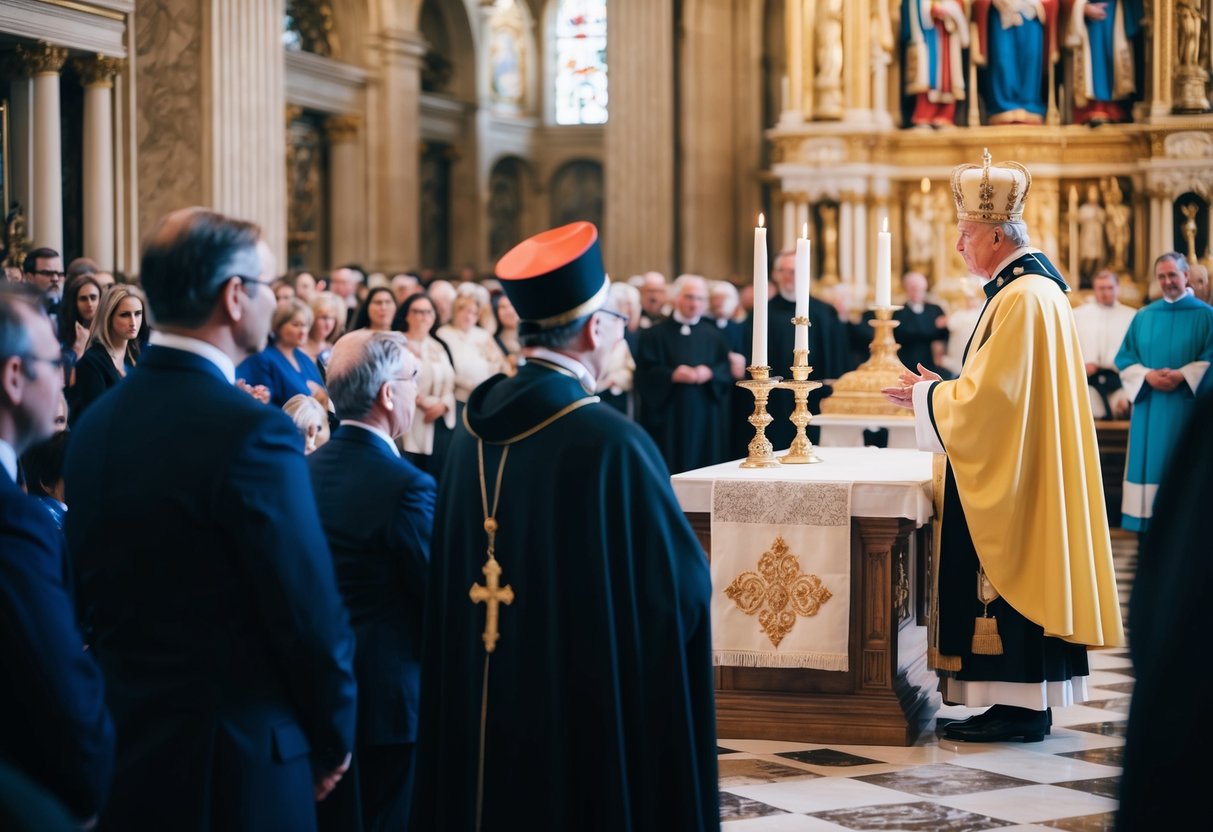 A royal figure standing at an altar, facing a clergy member, with a crowd of onlookers in a grand, ornate setting