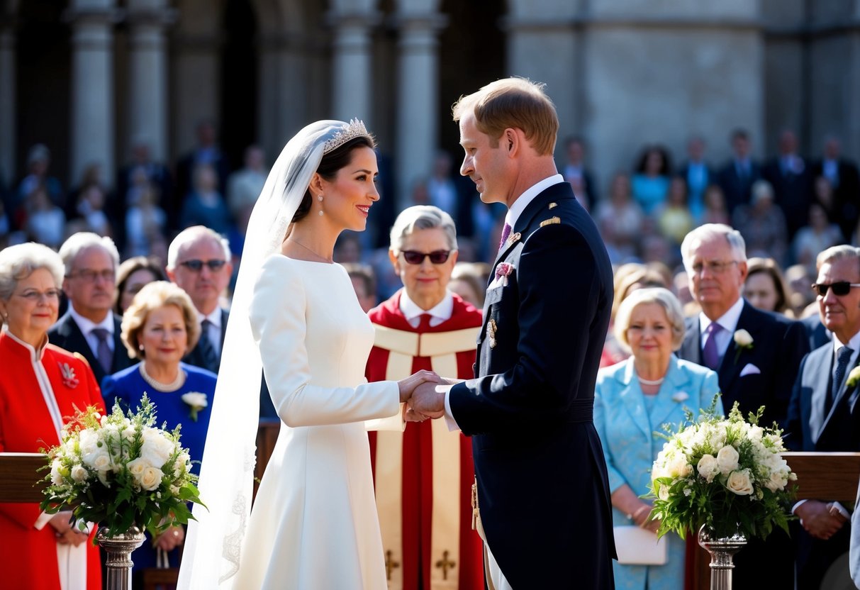 A royal couple standing at the altar, exchanging wedding vows with a crowd of onlookers, symbolizing the cultural impact of omitting the word "obey."