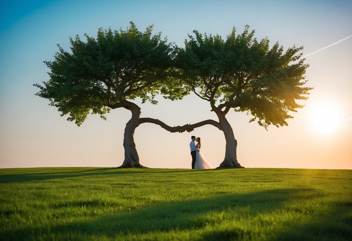A serene outdoor setting with two intertwined trees and a gentle breeze, symbolizing timeless love and commitment