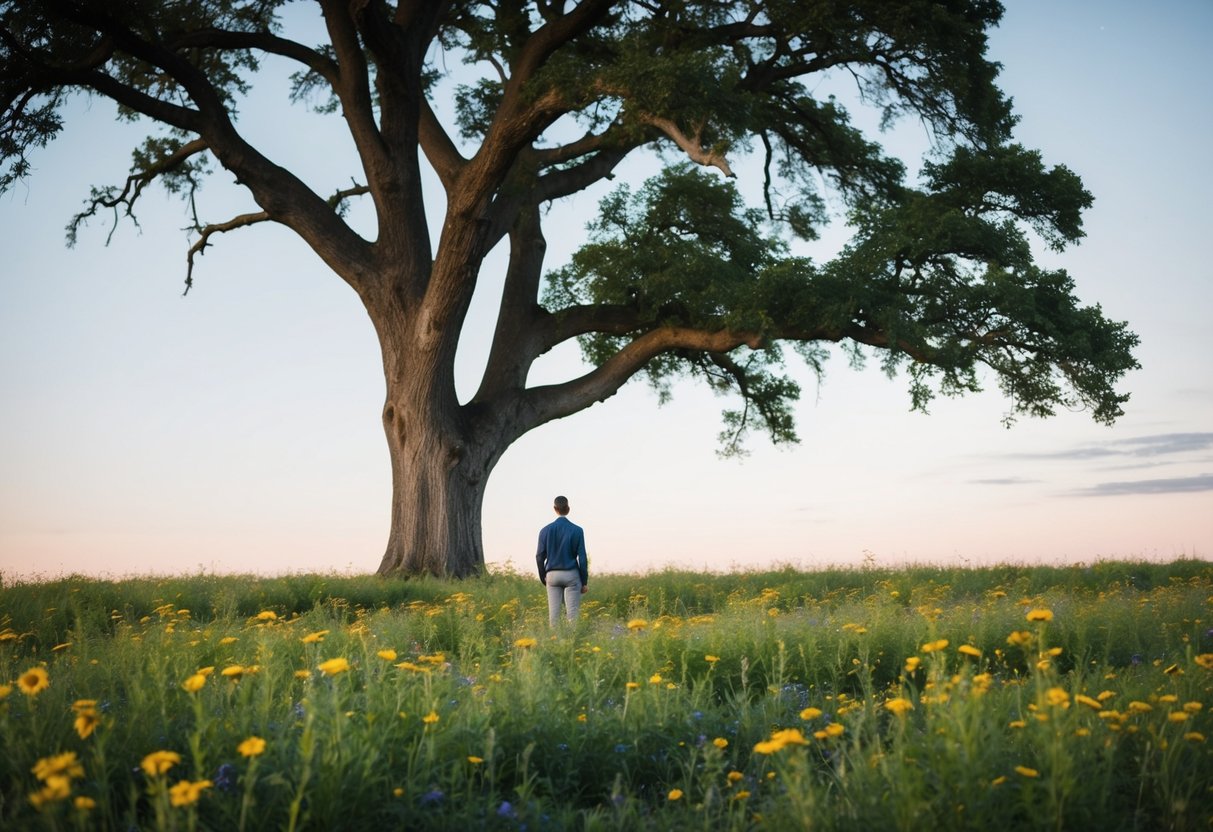 A lone figure stands beneath a grand oak tree, surrounded by fields of wildflowers, gazing up at the sky
