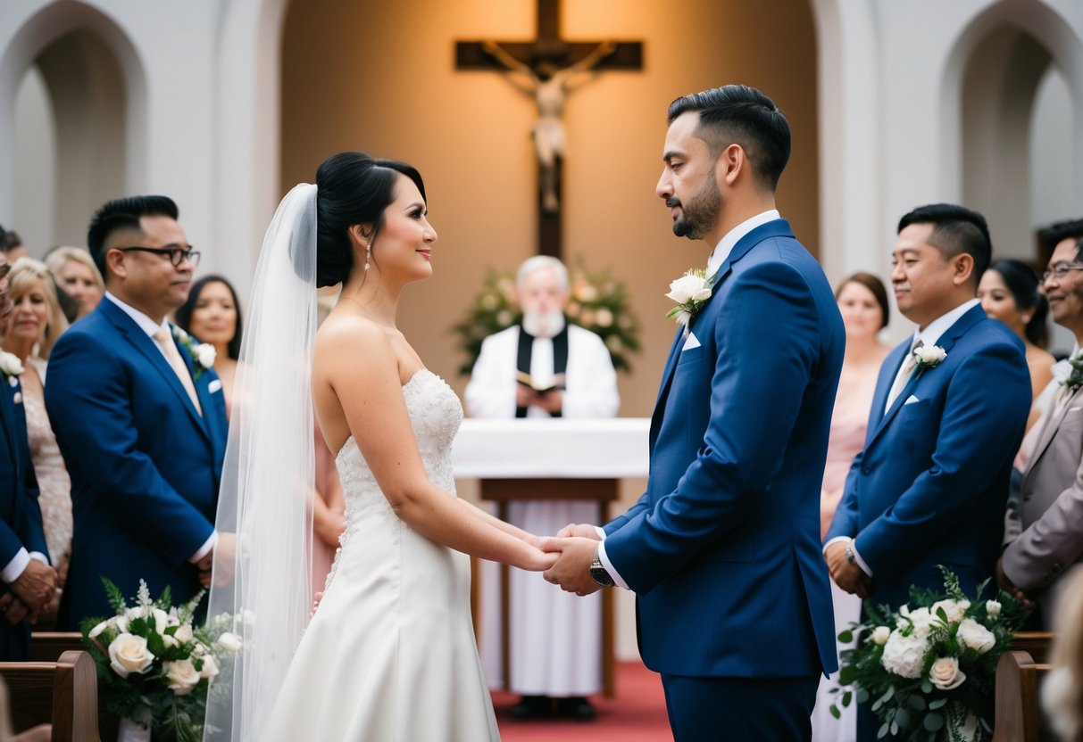 A bride and groom standing at the altar, facing each other with a solemn expression, surrounded by their loved ones