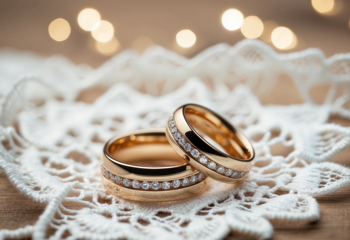 A pair of interlocking wedding rings resting on a bed of delicate white lace