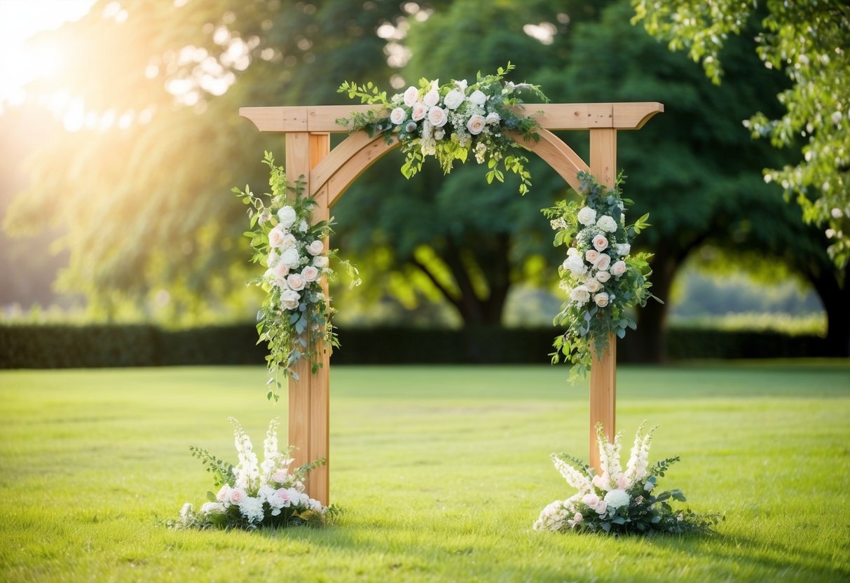 A serene outdoor setting with a wooden arch adorned with flowers, surrounded by lush greenery and soft sunlight filtering through the trees