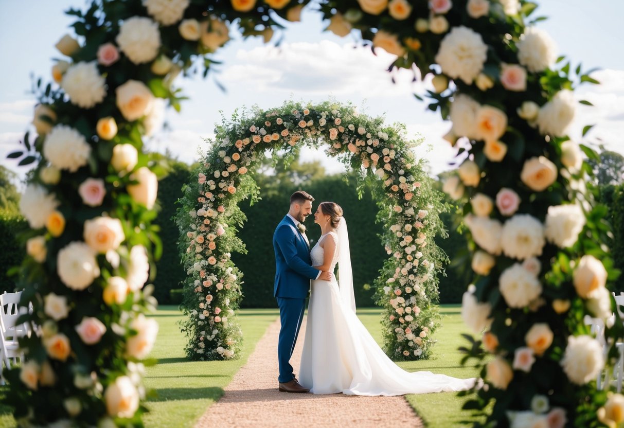 A bride and groom standing under a floral archway