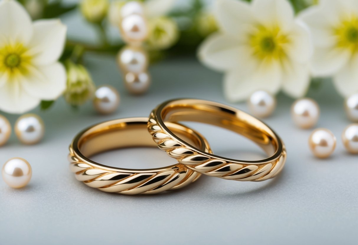 A pair of entwined golden rings surrounded by delicate white flowers and shimmering pearls