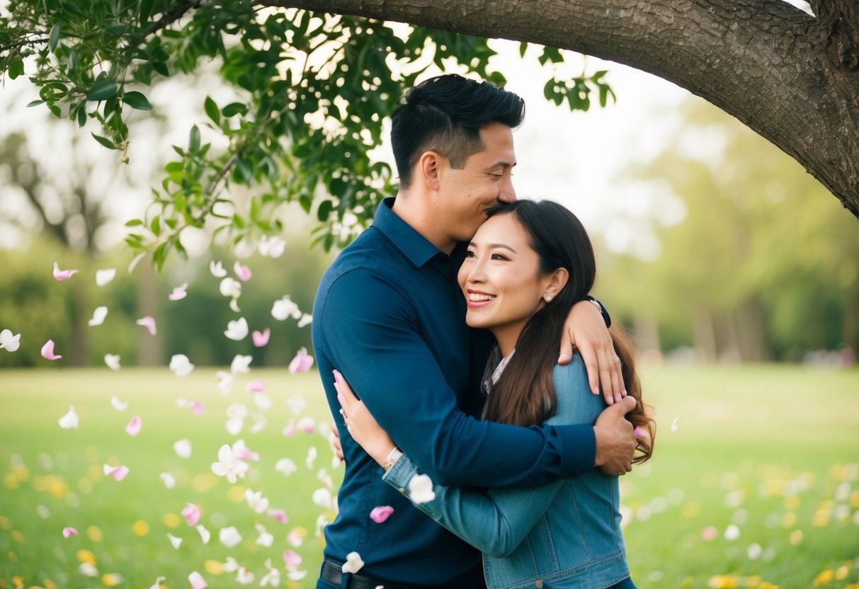 A couple embracing under a tree, surrounded by scattered flower petals and a mix of joy and uncertainty in their expressions