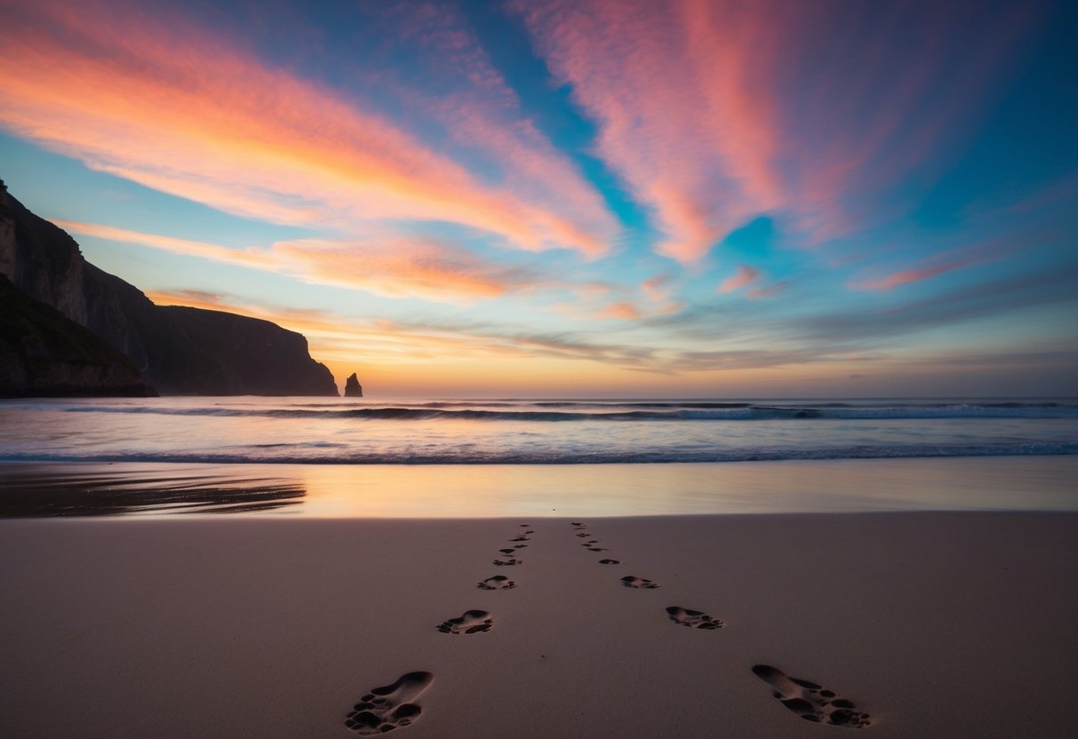 A serene beach at sunset, with two pairs of footprints leading towards the ocean, surrounded by tall cliffs and a colorful sky
