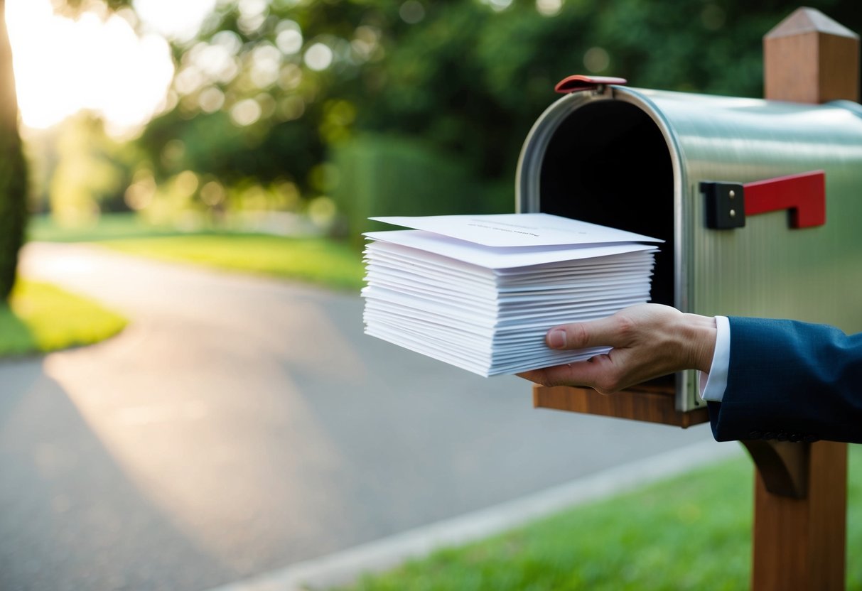 A stack of elegant wedding invitations being placed into a mailbox by a hand