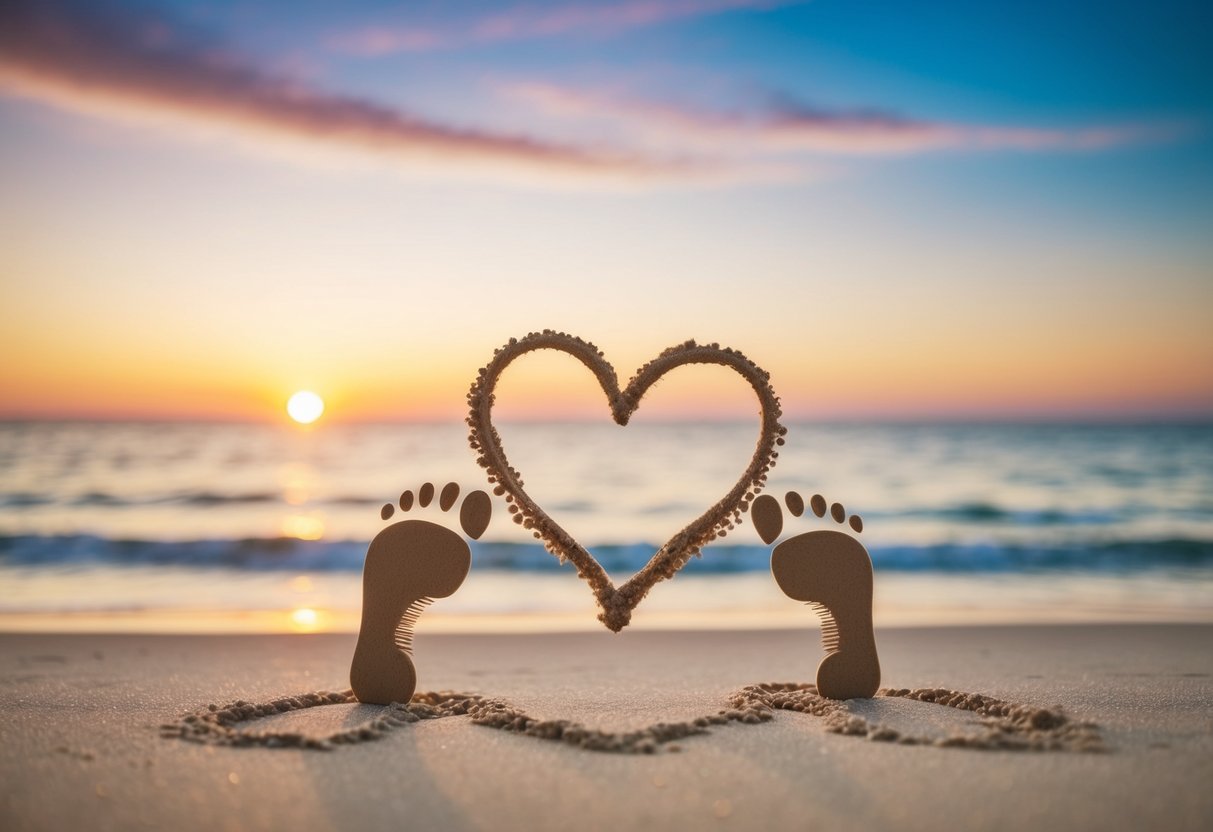 A serene beach at sunset with two sets of footprints leading towards the water, surrounded by a heart drawn in the sand