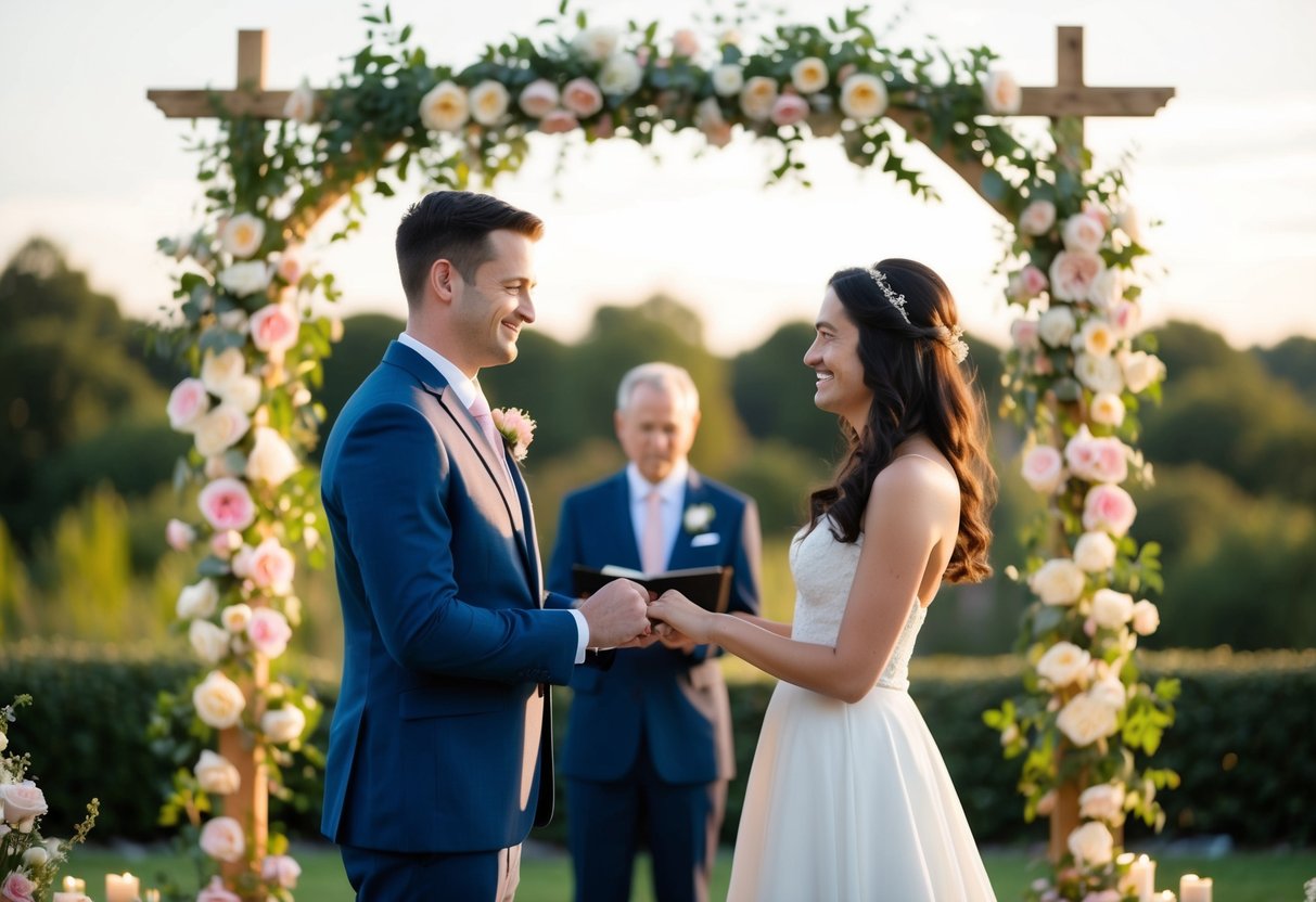 A couple standing in a romantic outdoor setting, surrounded by flowers and candles, exchanging vows