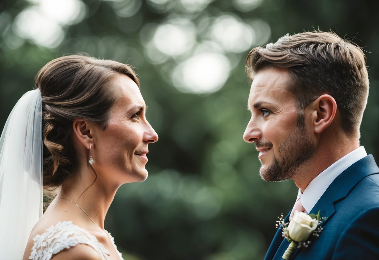 A bride and groom standing face to face, gazing into each other's eyes with tender expressions, as they exchange their wedding vows
