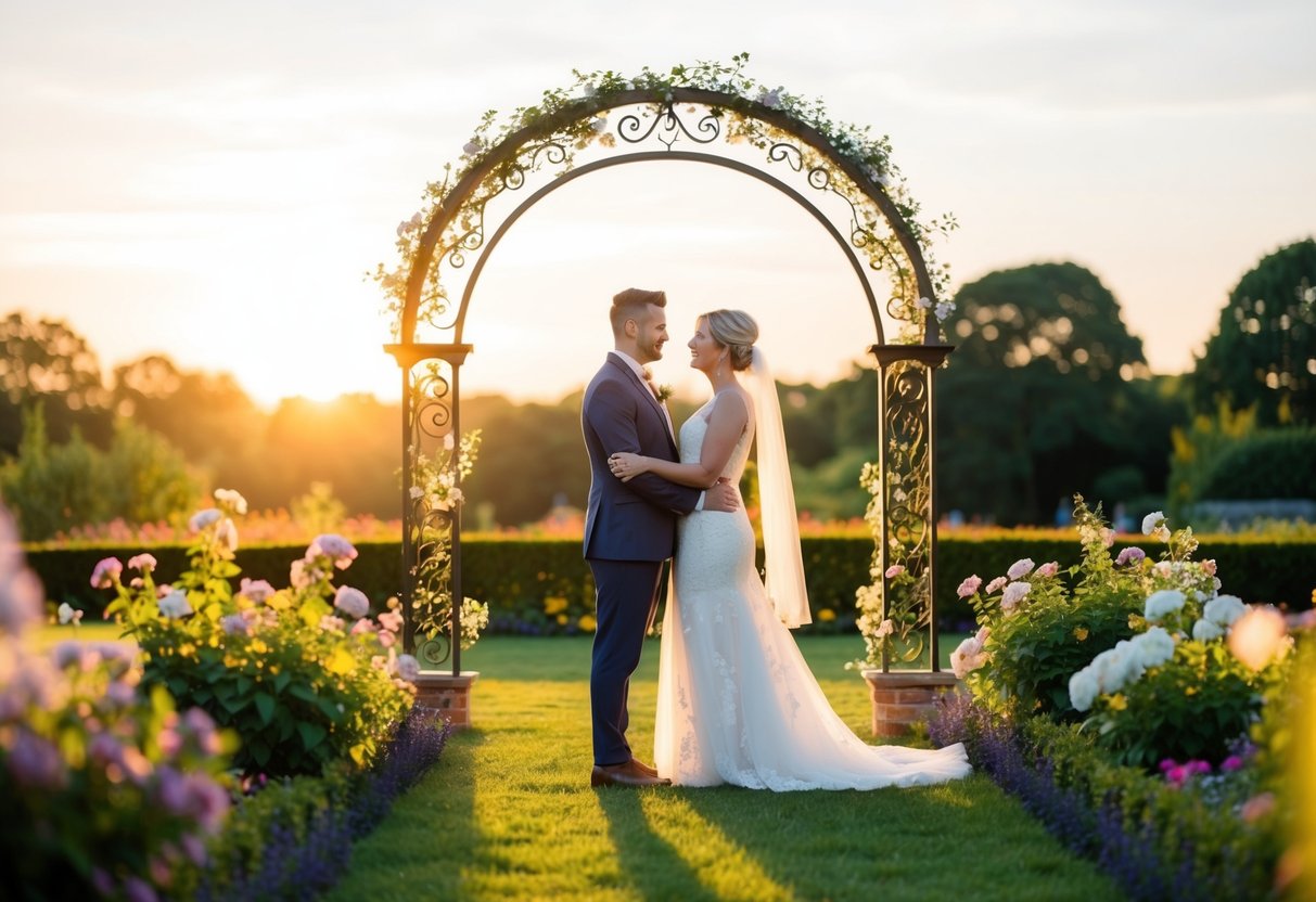 A couple stands in a garden, surrounded by flowers and a decorative arch. The sun is setting, casting a warm glow over the scene