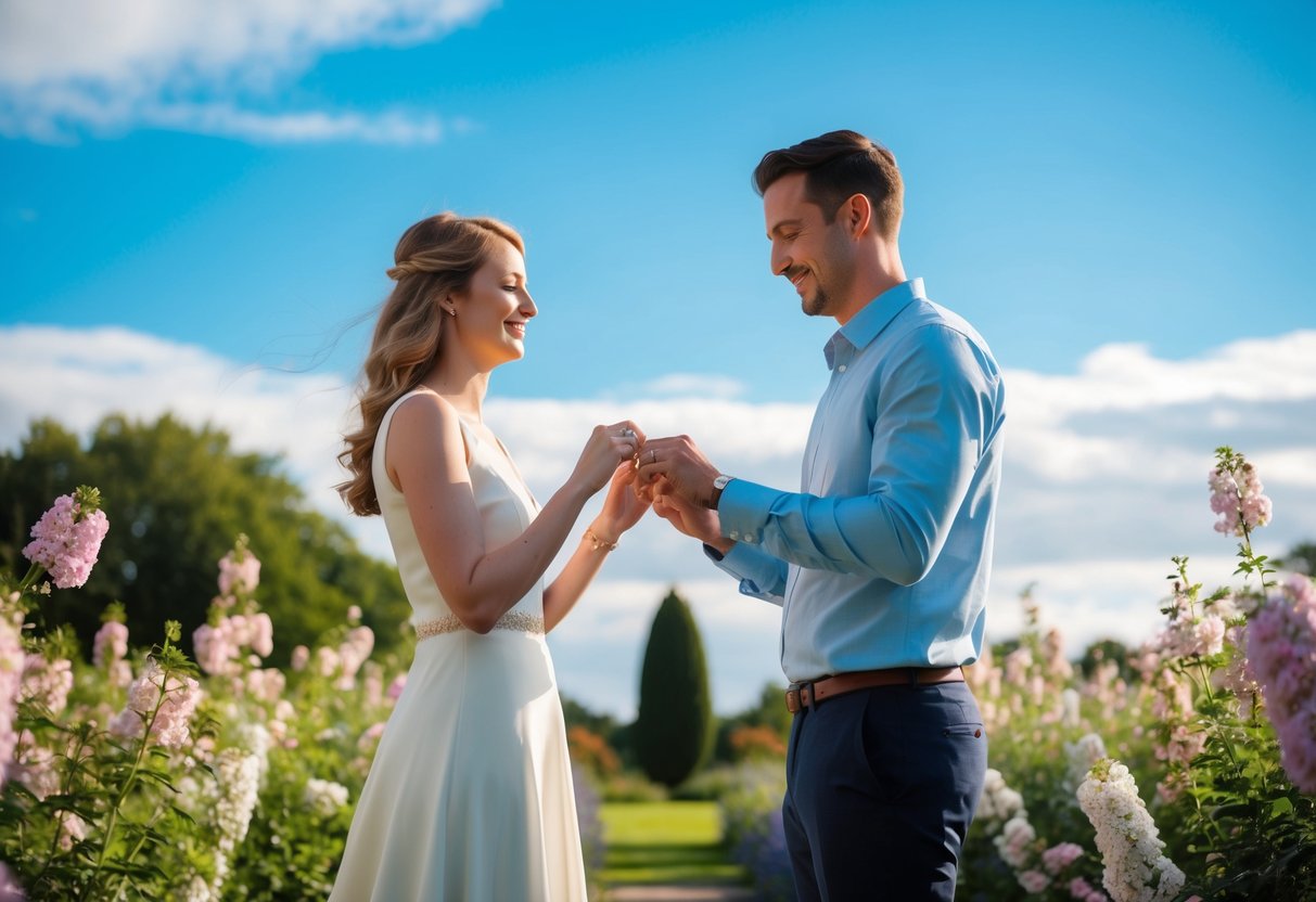 A couple stands in a garden, surrounded by blooming flowers and a gentle breeze. They exchange rings and reaffirm their love under a bright blue sky