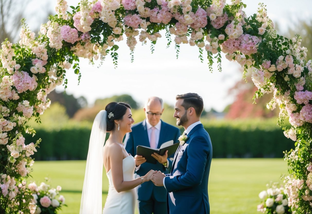 A couple standing beneath a blooming archway, exchanging heartfelt vows with love in their eyes