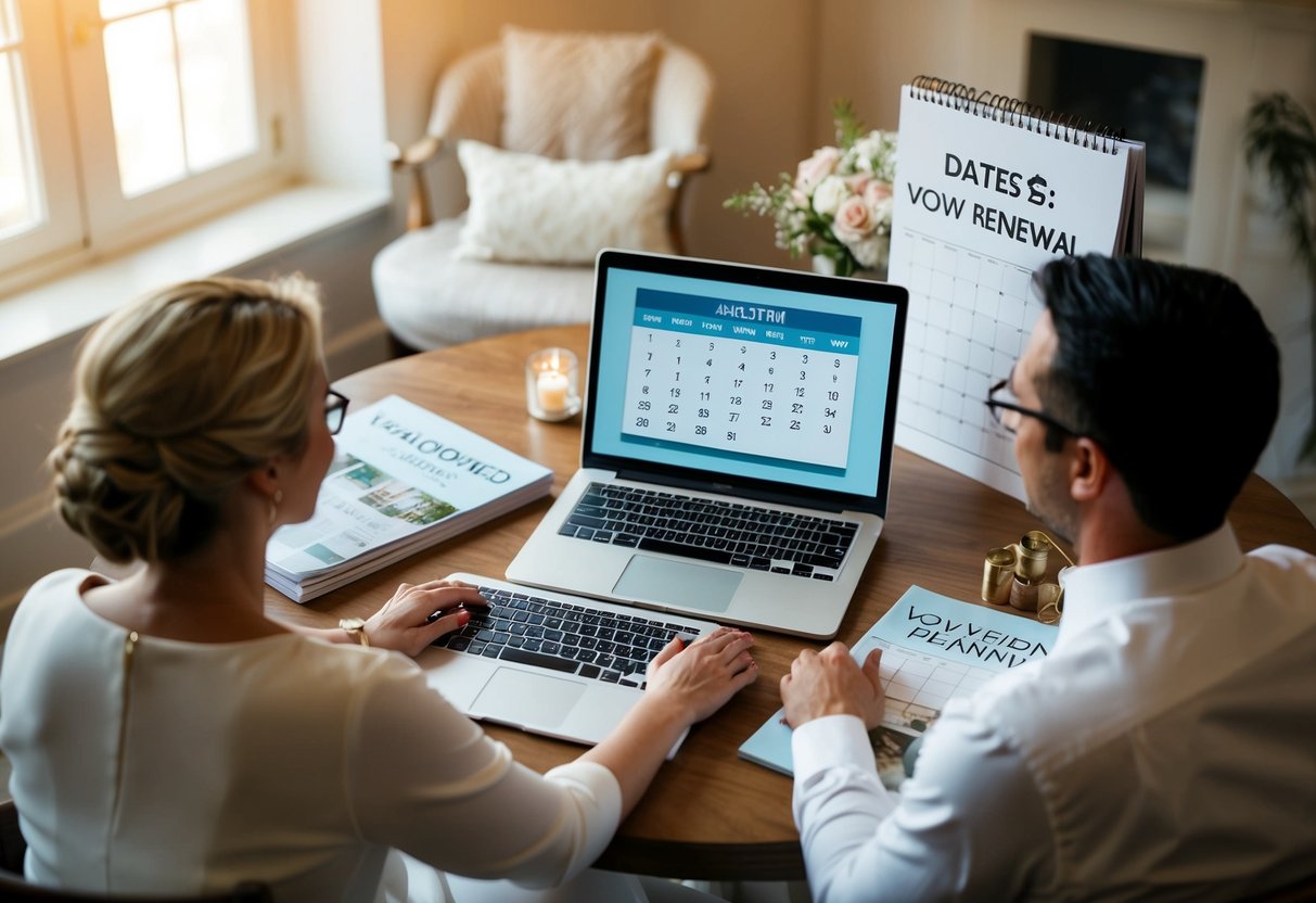 A couple sits at a table with a calendar, discussing dates for their vow renewal. They are surrounded by wedding magazines and a laptop open to a wedding planning website