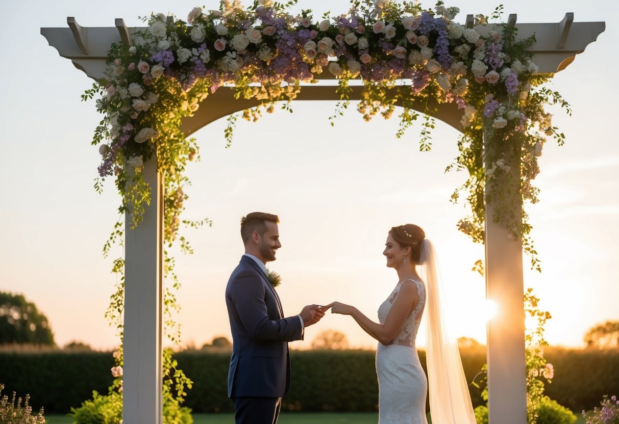A couple stands beneath a blooming archway, exchanging vows in a serene garden setting. The sun sets behind them, casting a warm glow over the scene