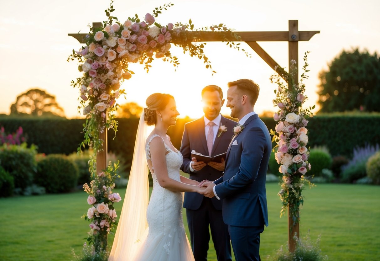 A couple stands in a garden, exchanging vows under a floral arch. The sun sets behind them, casting a warm glow on the scene
