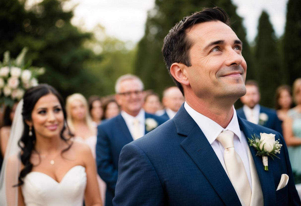 A man's eyes well up as he watches his bride walk down the aisle