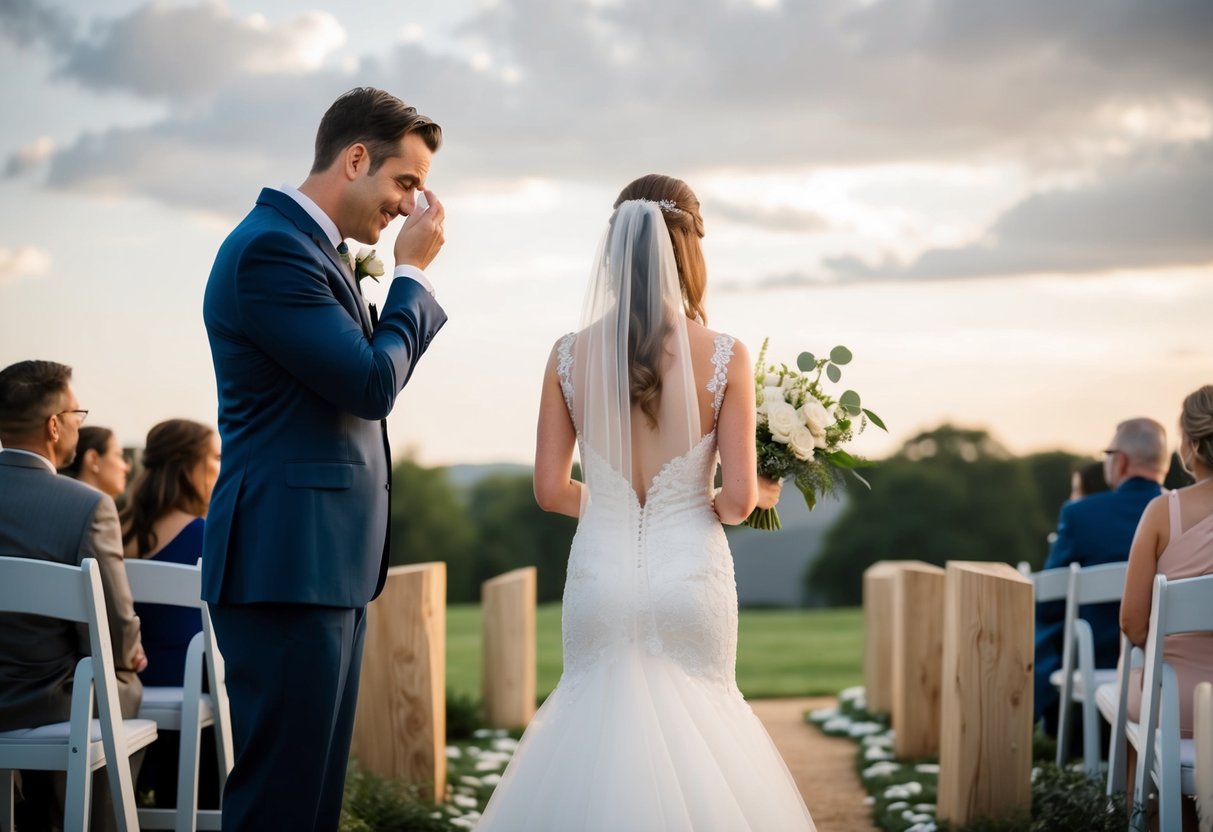 A man standing at the altar, wiping tears as he gazes at his bride walking towards him, surrounded by a path of obstacles symbolizing the challenges they have overcome