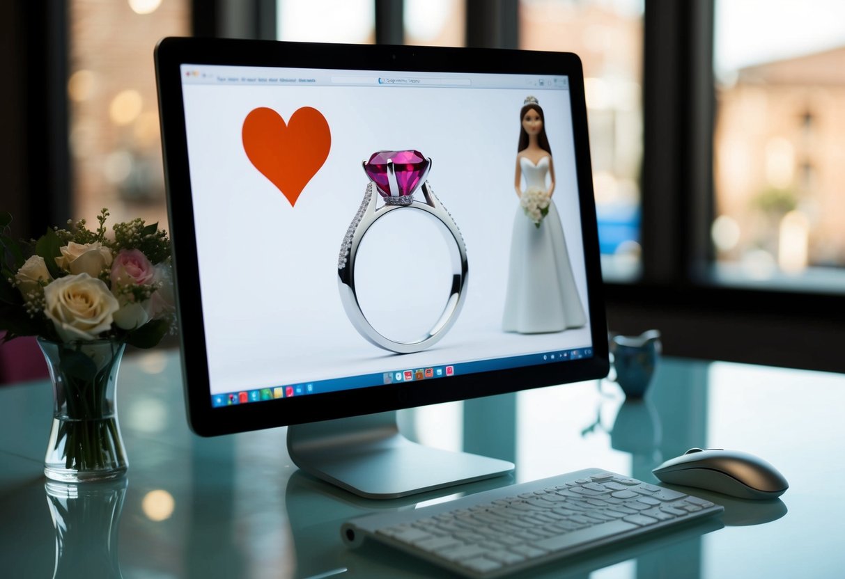 A computer screen displaying a wedding ring and a computer mouse, with a heart symbol and a bride figurine on the screen