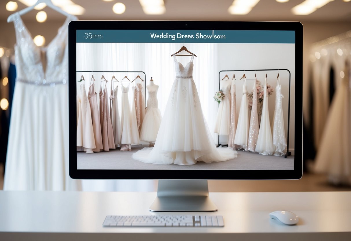 A computer screen displaying a virtual wedding dress showroom with various gown options, accessories, and customization features