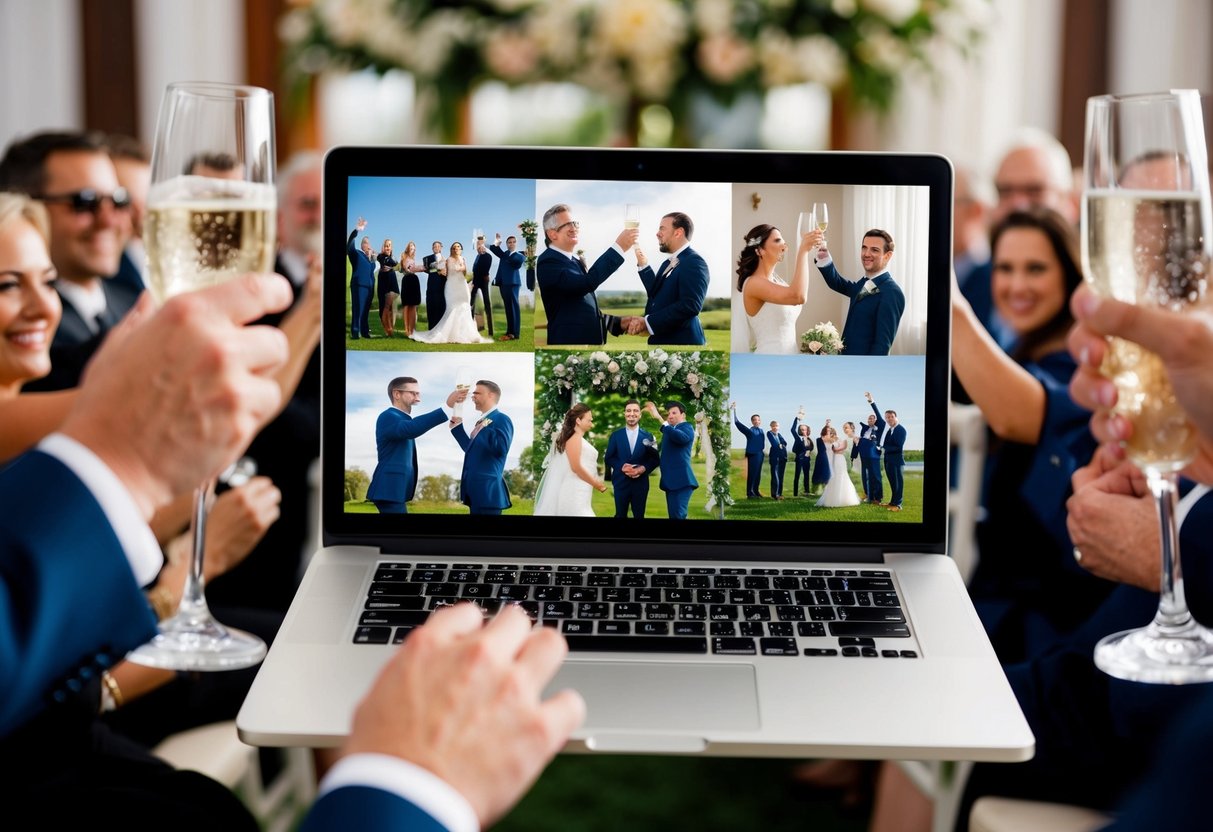 A laptop displaying a virtual wedding ceremony with guests joining in from different locations, raising their glasses in celebration